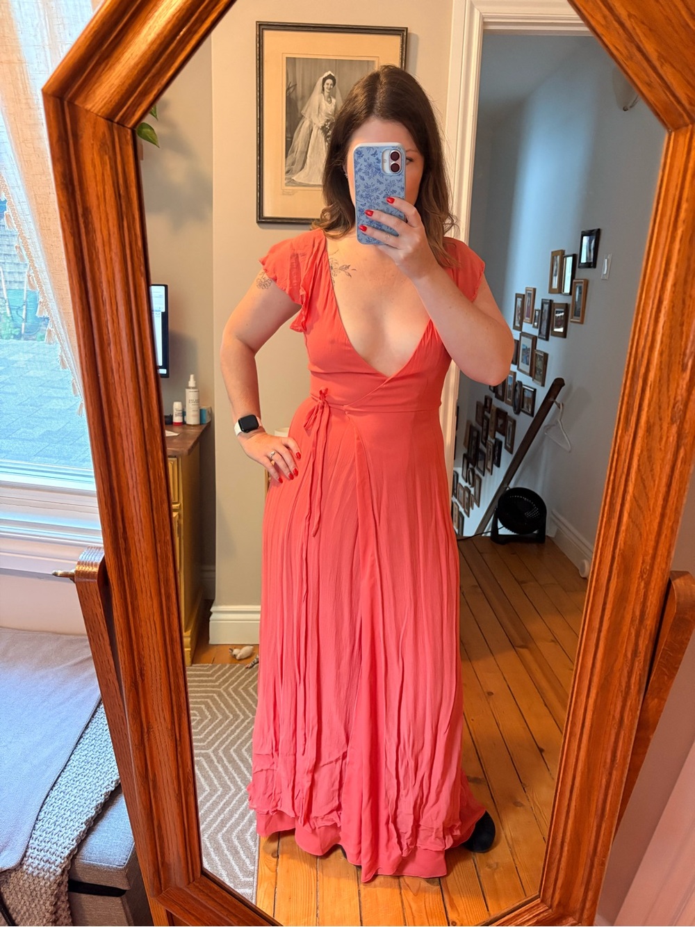 H&M Coral Wrap Maxi Dress with Flutter Sleeves